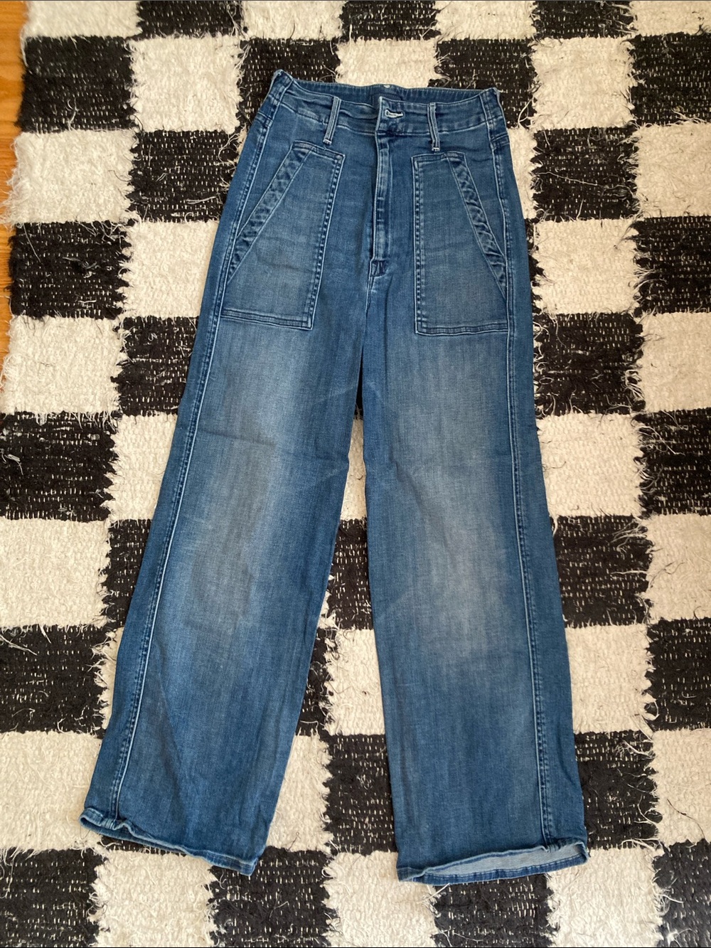 MOTHER High-Rise Wide Leg Jeans in Medium Blue Denim